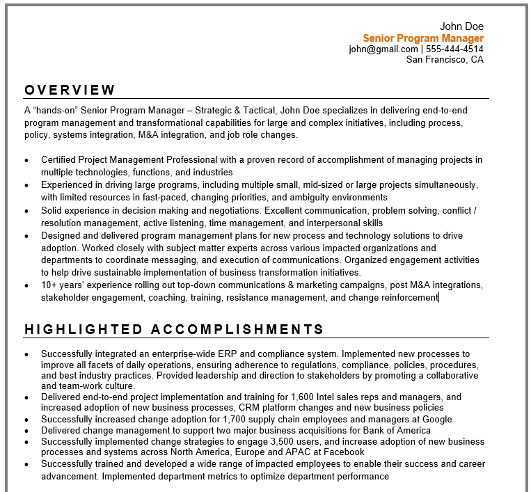 project management keywords resume