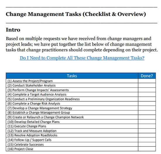 Change Management Checklist and Tasks