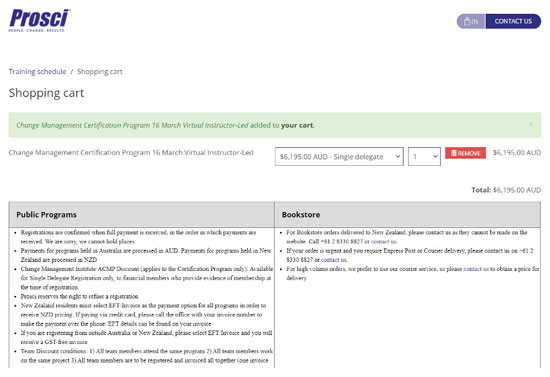 Prosci Australia and NZ Registration Checkout Page