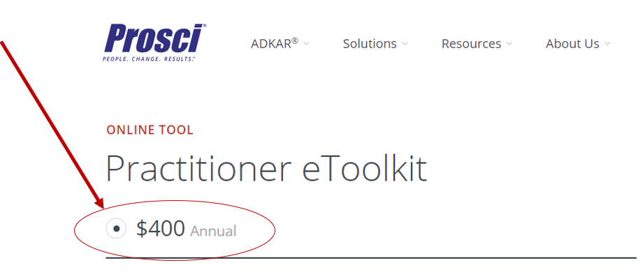 The Prosci Practitioner eToolkit costs $400 USD