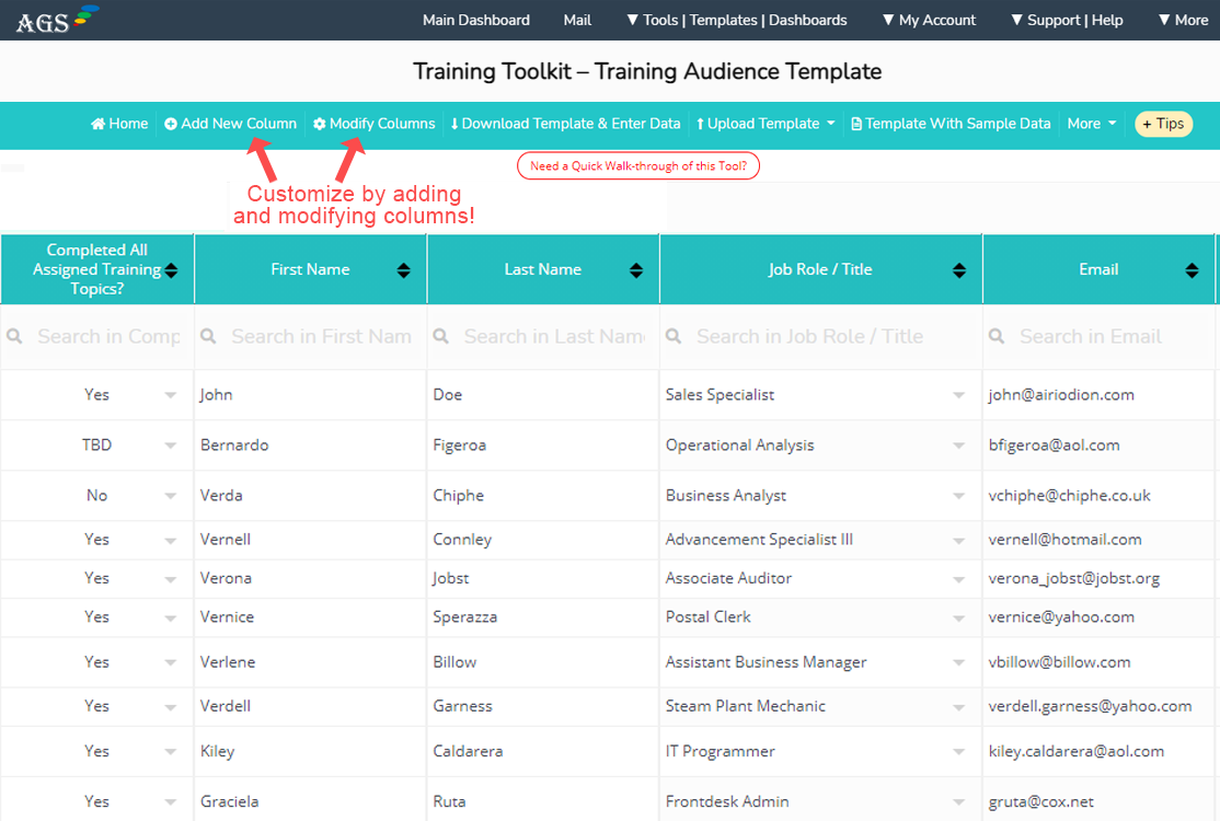 Training database and training checklist template