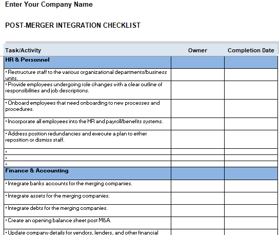 pmi post merger integration checklist