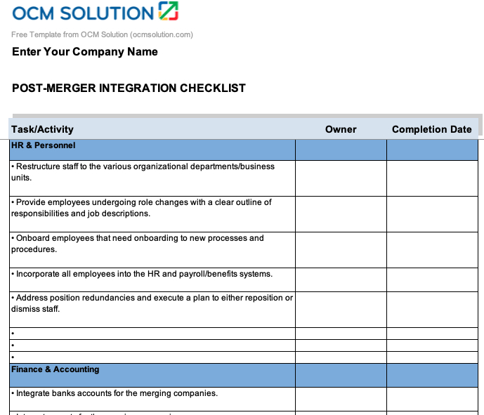 post merger integration checklist
