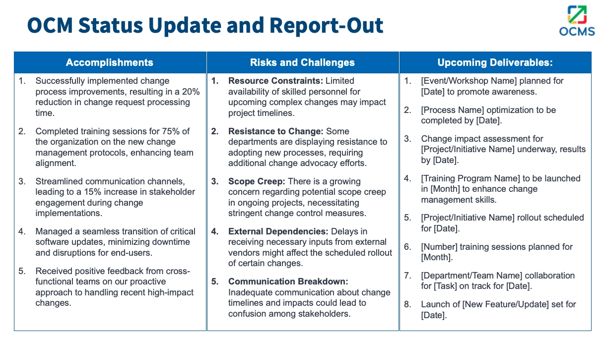 ocm change management status report template
